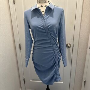Zara Light Blue Long Sleeve Ruched Dress